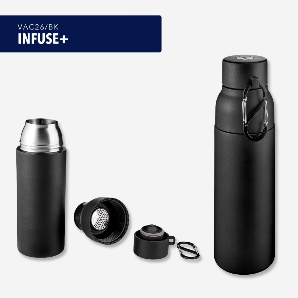 Drei Ansichten einer schwarzen Isolierflasche mit abnehmbarem Ausgießer, Schraubdeckel und Karabiner, zusammengebaut und mit getrennten Bestandteilen auf einfarbigem Hintergrund dargestellt.