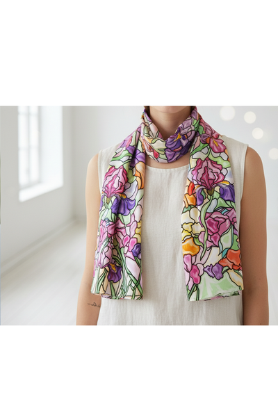 Farbenfroher Seidenschal mit Blumenmuster auf weißem Hintergrund angeordnet - getragen von einer Dame mit weißer Bluse. 