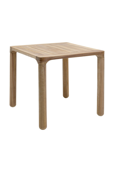 Ein quadratischer Holztisch mit vier abgerundeten Beinen und einer glatten, hellen Holzoberfläche.