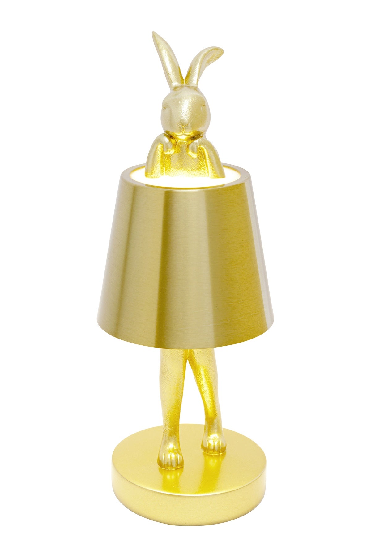 Goldene Lampe in Form eines stehenden Kaninchens, dessen Oberkörper vom Lampenschirm verdeckt wird und dessen Kopf über den Schirm hinausragt.