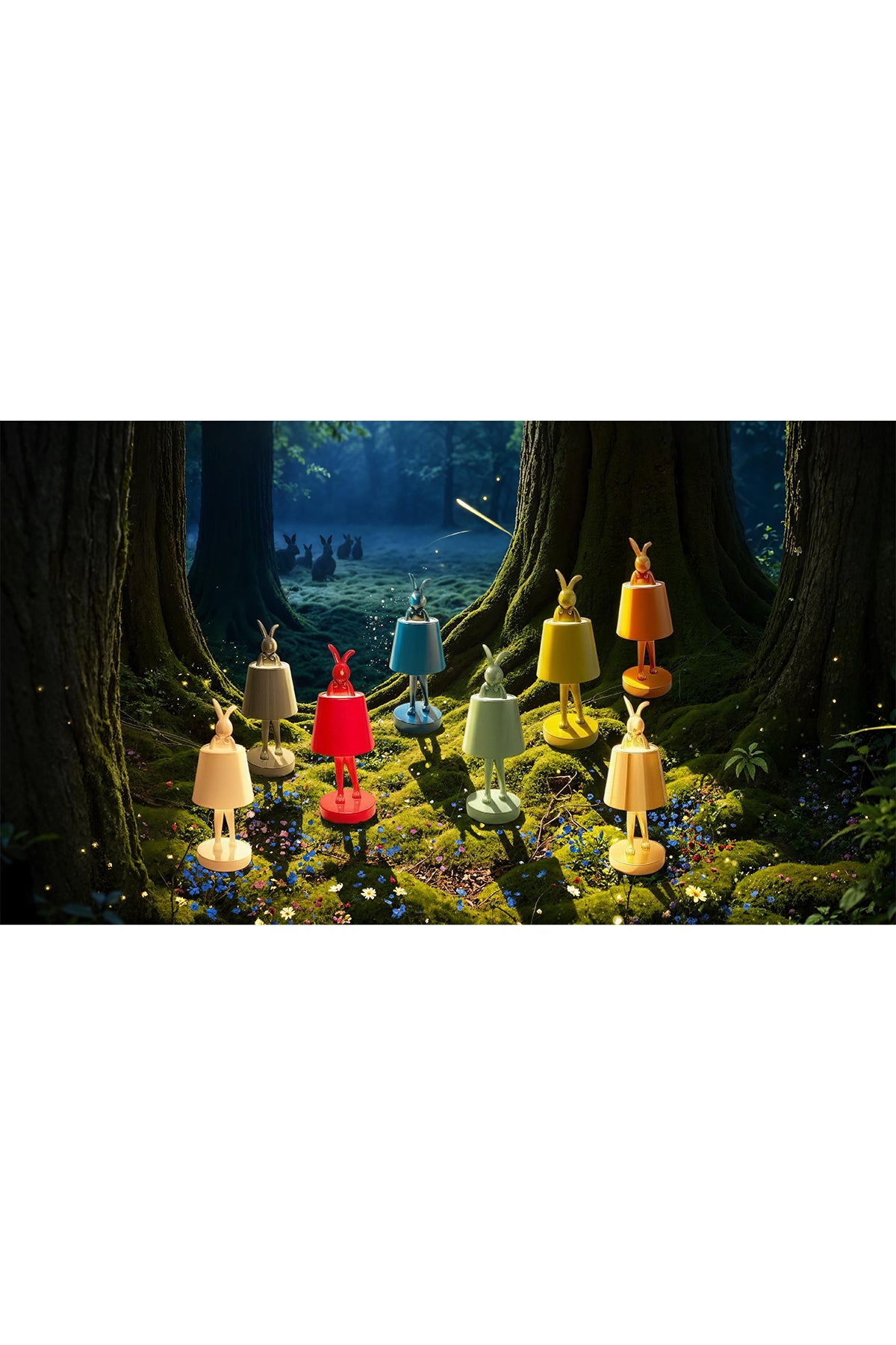 Neun bunte Lampen in Form von Kaninchen stehen auf einer nächtlichen Waldlichtung, mit Bäumen, Blumen und Kaninchensilhouetten im Hintergrund.