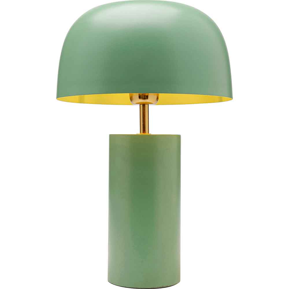 Grüne, moderne Tischlampe mit zylindrischem Sockel und kuppelförmigem Schirm, Innenseite in Gold sichtbar.