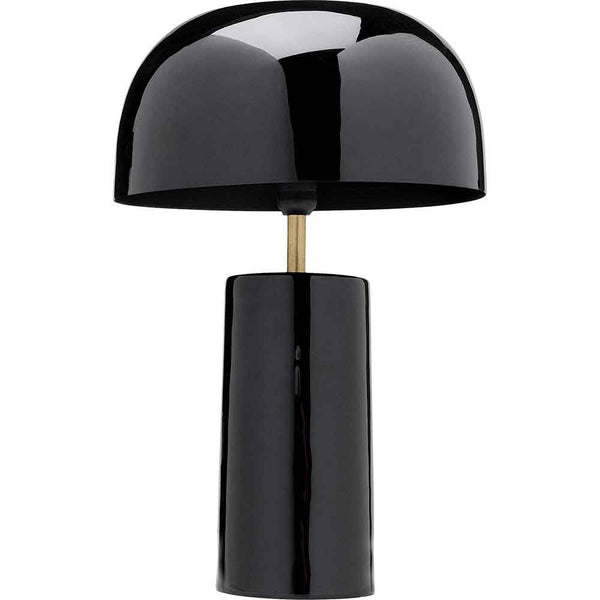 Eine moderne schwarze Tischleuchte mit kuppelförmigem Schirm und zylindrischem Fuß.