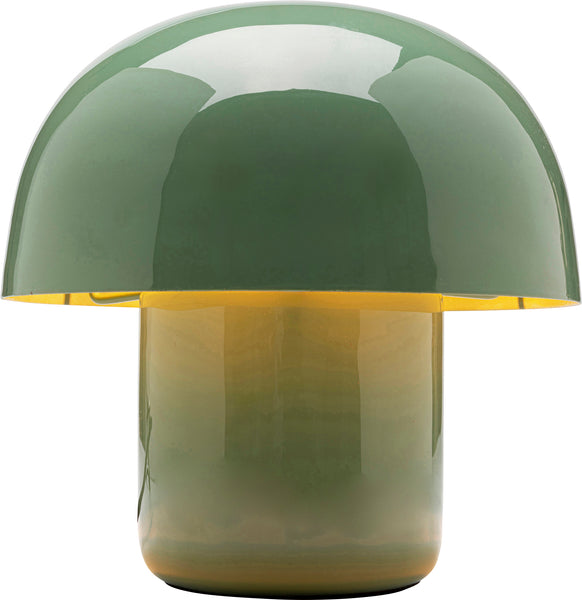 Glänzend grüne, pilzförmige Tischleuchte mit abgerundetem Kuppelschirm und zylindrischem Sockel, die ein warmes Licht ausstrahlt.