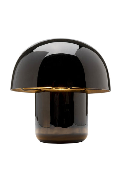 Schwarze Tischleuchte in Pilzform, glänzend lackiert, mit breitem, kuppelförmigem Schirm und zylindrischem Fuß.