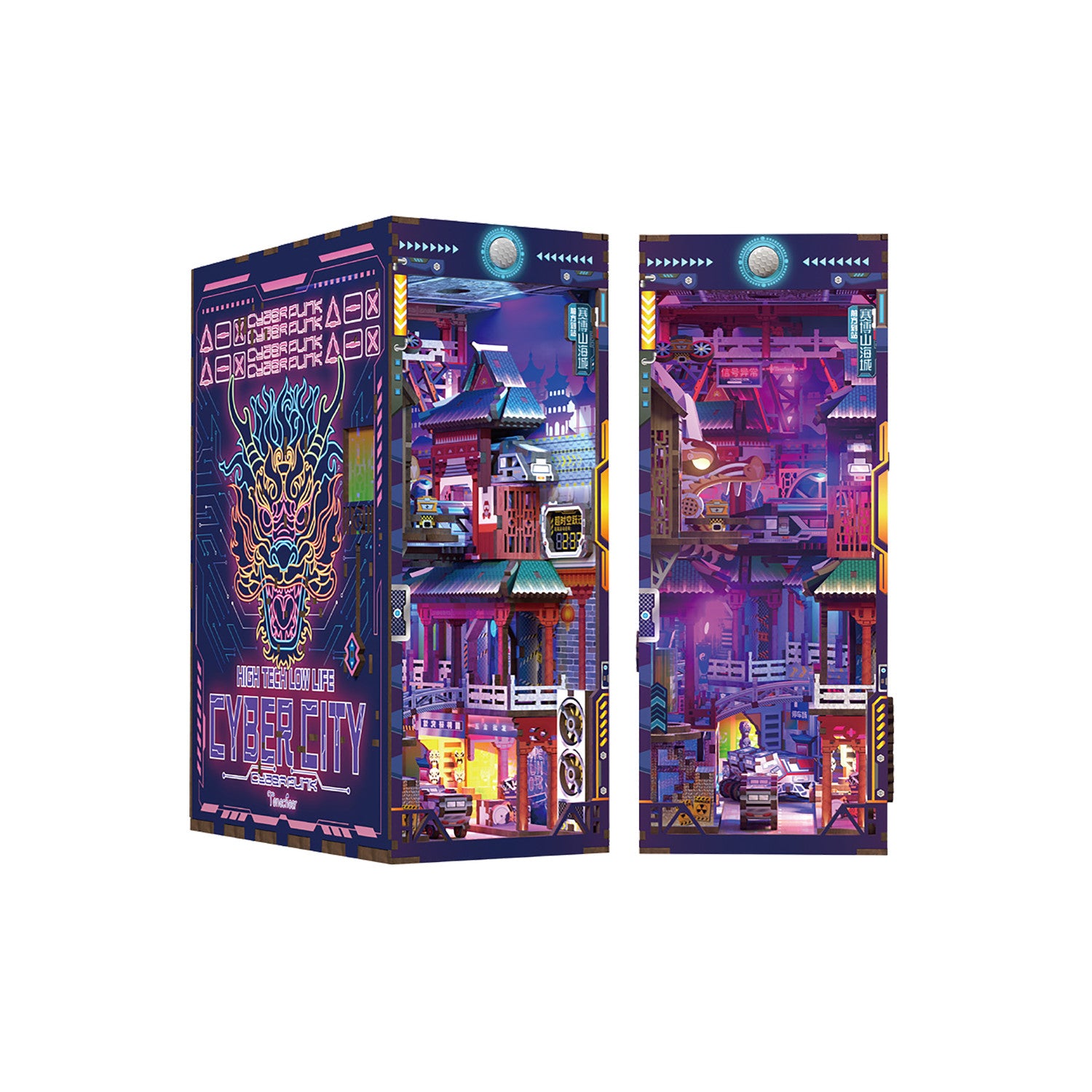 Farbenfrohe, futuristische Diorama  mit neonbeleuchteter Cyberpunk-Stadt und stilisierter Drachengrafik.