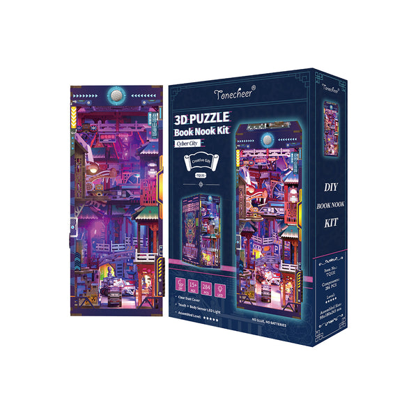 3D-Puzzle Buch Nook Kit Box mit bunten Miniatur-Stadt-Szene und Produkt-Details gezeigt.