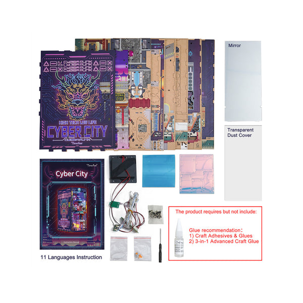 DIY-Cyber-City-Bausatzteile, einschließlich Platinen, Drähte, Spiegel, Staubschutzhaube und Gebrauchsanweisung.
