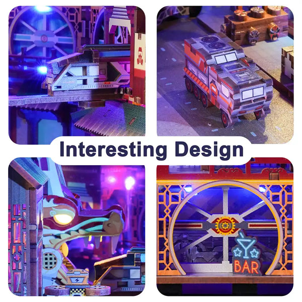 Vier Nahaufnahmen einer neonbeleuchteten, futuristischen Miniaturstadt mit Fahrzeugen und detaillierten architektonischen Elementen.