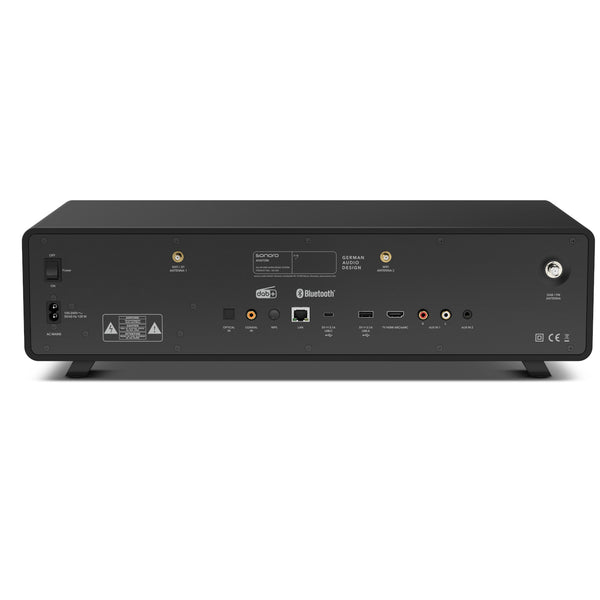Rückansicht eines schwarzen Stereo-Musiksystem mit verschiedenen Audio-, HDMI- und Antenneneingangs- und -ausgangsanschlüssen.