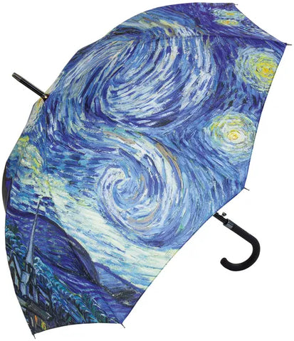 Regenschirm mit einem von Van Goghs "Sternennacht" inspirierten Design in Blau-, Gelb- und Weißtönen.