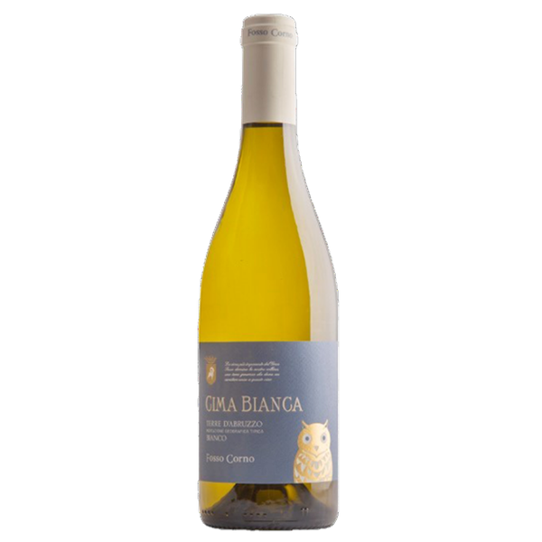 Eine Flasche Weißwein Cima Bianca mit einem hellblauen Etikett mit einer Eulenillustration.
