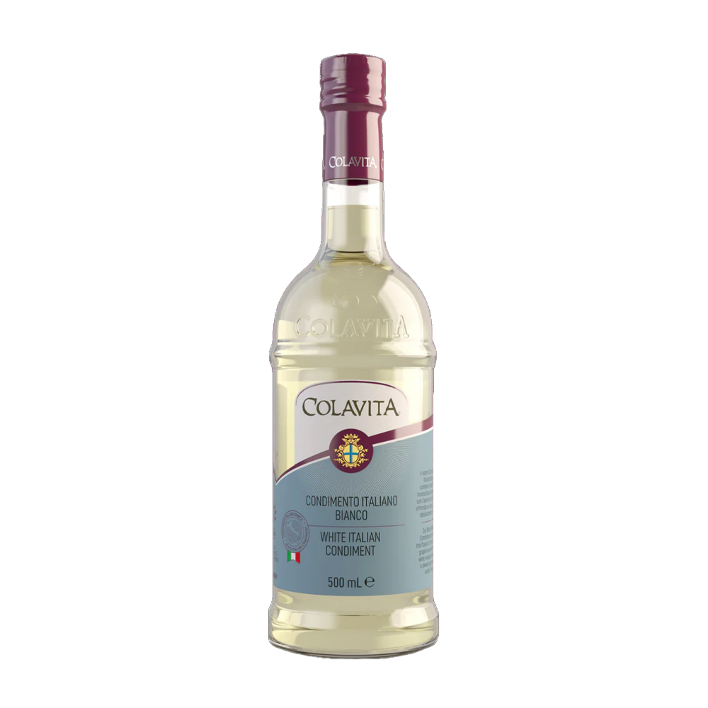 Eine durchsichtige Flasche Colavita White Italian Condiment, 500 ml, mit einem blauen und kastanienbraunen Etikett.
