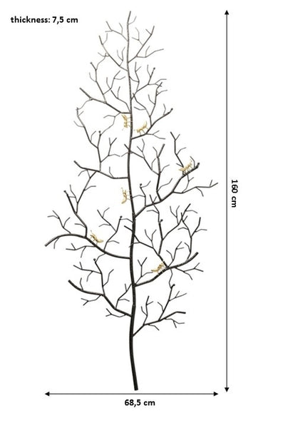 Wandbild eines schwarzen Astes, 160 cm hoch und 68,5 cm breit, mit 7,5 cm Dicke, weißer Hintergrund.