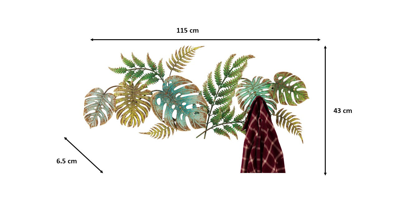 Illustration von tropischen Blättern über einem karierten Tuch mit beschrifteten Abmessungen: 115 cm breit, 43 cm hoch, 6,5 cm vom Sockel.