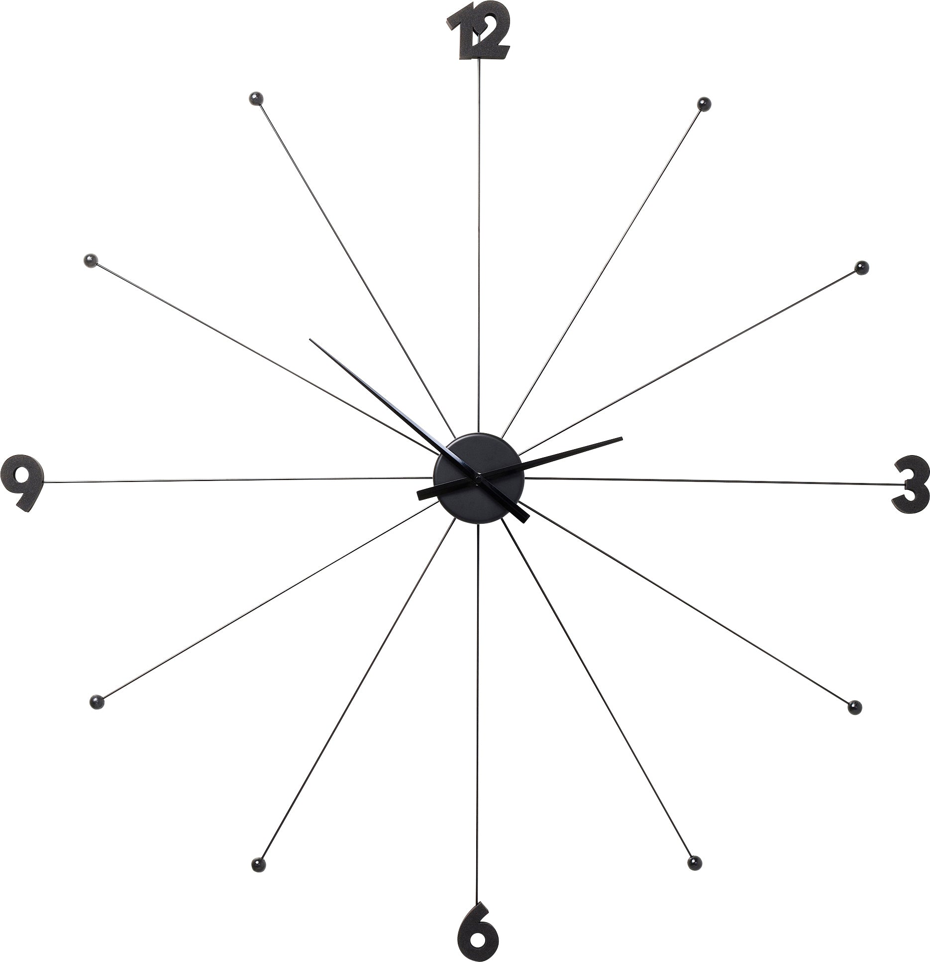 Minimalistische Wanduhr, die nur die Zahlen 3, 6, 9 und 12 auf langen, dünnen schwarzen Speichen zeigt.