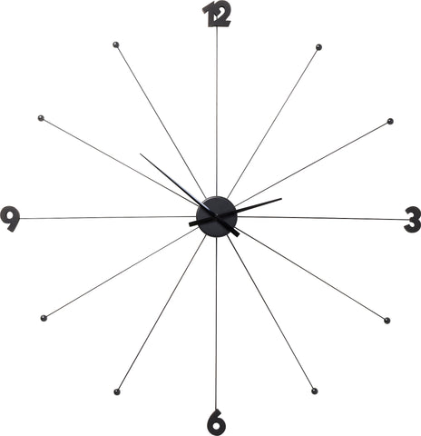 Minimalistische Wanduhr, die nur die Zahlen 3, 6, 9 und 12 auf langen, dünnen schwarzen Speichen zeigt.