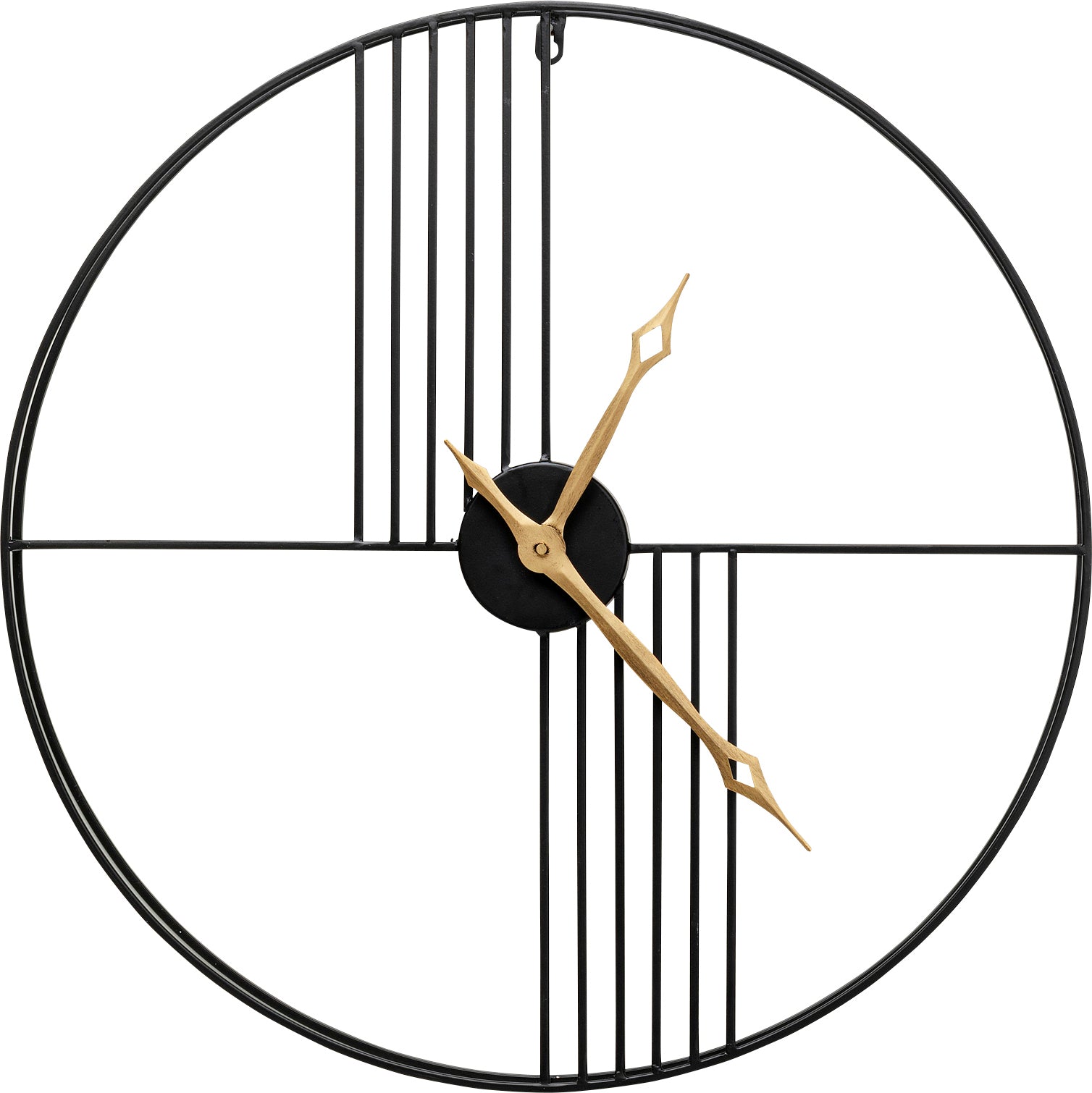 Minimalistische Wanduhr mit goldenen Zeigern und schwarzem, offenem Rahmen, der die Uhrzeit von 4:20 anzeigt.