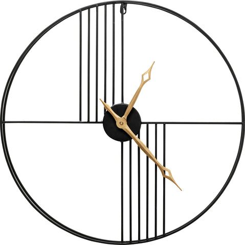 Minimalistische Wanduhr mit goldenen Zeigern und schwarzem, offenem Rahmen, der die Uhrzeit von 4:20 anzeigt.