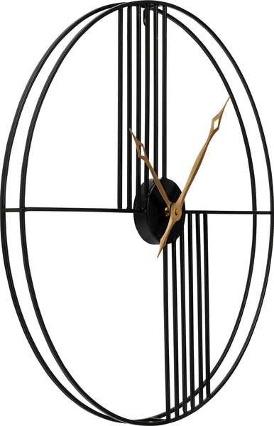 Minimalistische Wanduhr mit goldenen Zeigern und einem offenen schwarzen Drahtrahmen mit vertikalen schwarzen Balken.