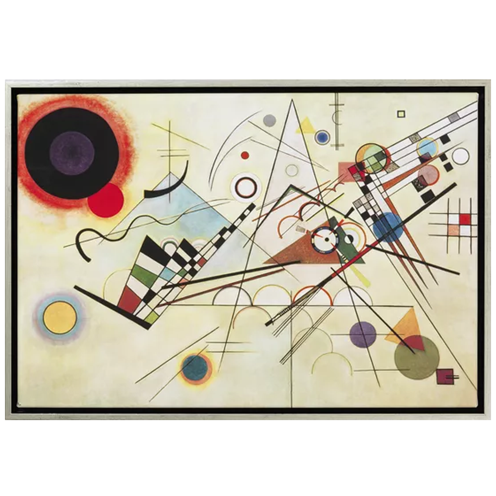 Wassily Kandinsky: Bild „Komposition VIII“ (1923), gerahmt – abstrakte Kunst mit geometrischen Formen, Linien und Kreisen in verschiedenen Farben auf hellem Hintergrund.