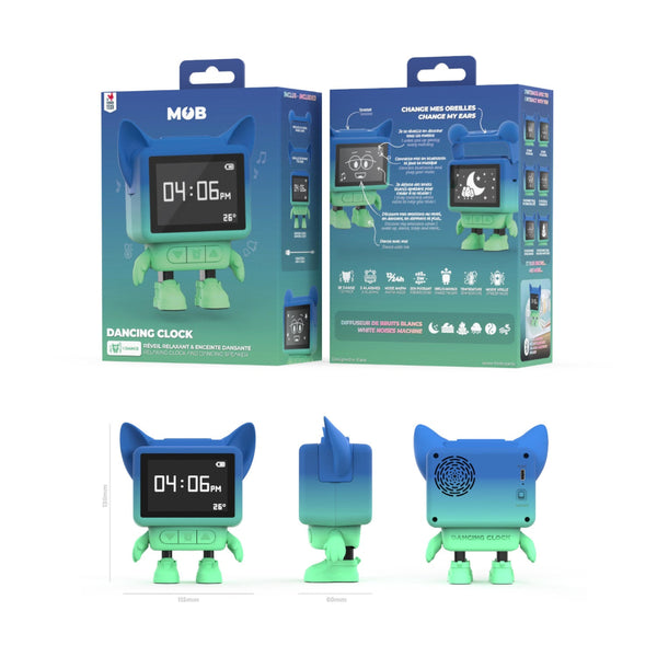 Digitaler Wecker mit blauem Katzenohren-Design, dargestellt aus mehreren Blickwinkeln und in der Verpackung. Die Uhr zeigt 04:06 PM und 26°C. Die Verpackung hebt die austauschbaren Ohren und die Tanzfunktion hervor.