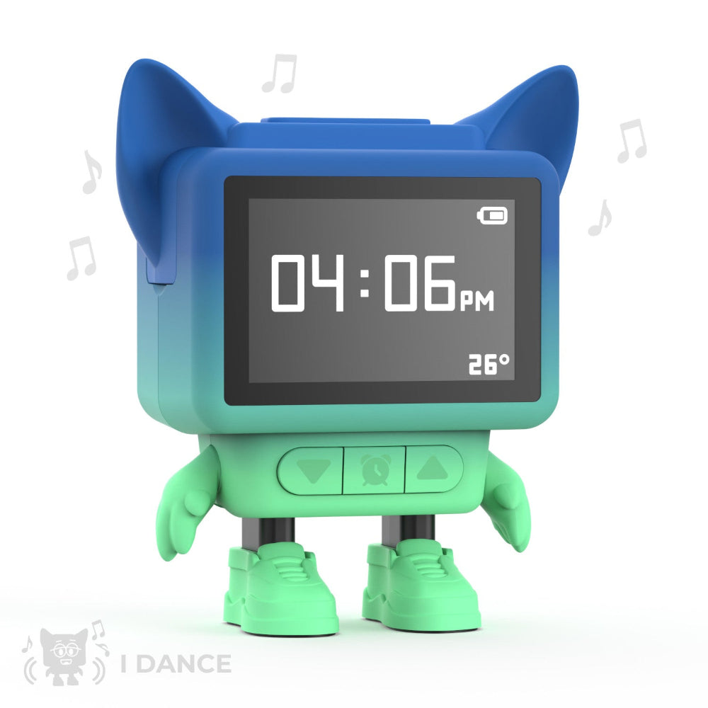 Eine Digitaluhr mit Katzenohren, -armen und -beinen trägt Turnschuhe und zeigt die Uhrzeit 04:06 PM und 26°C an. Musiknoten deuten darauf hin, dass sie Musik spielt.