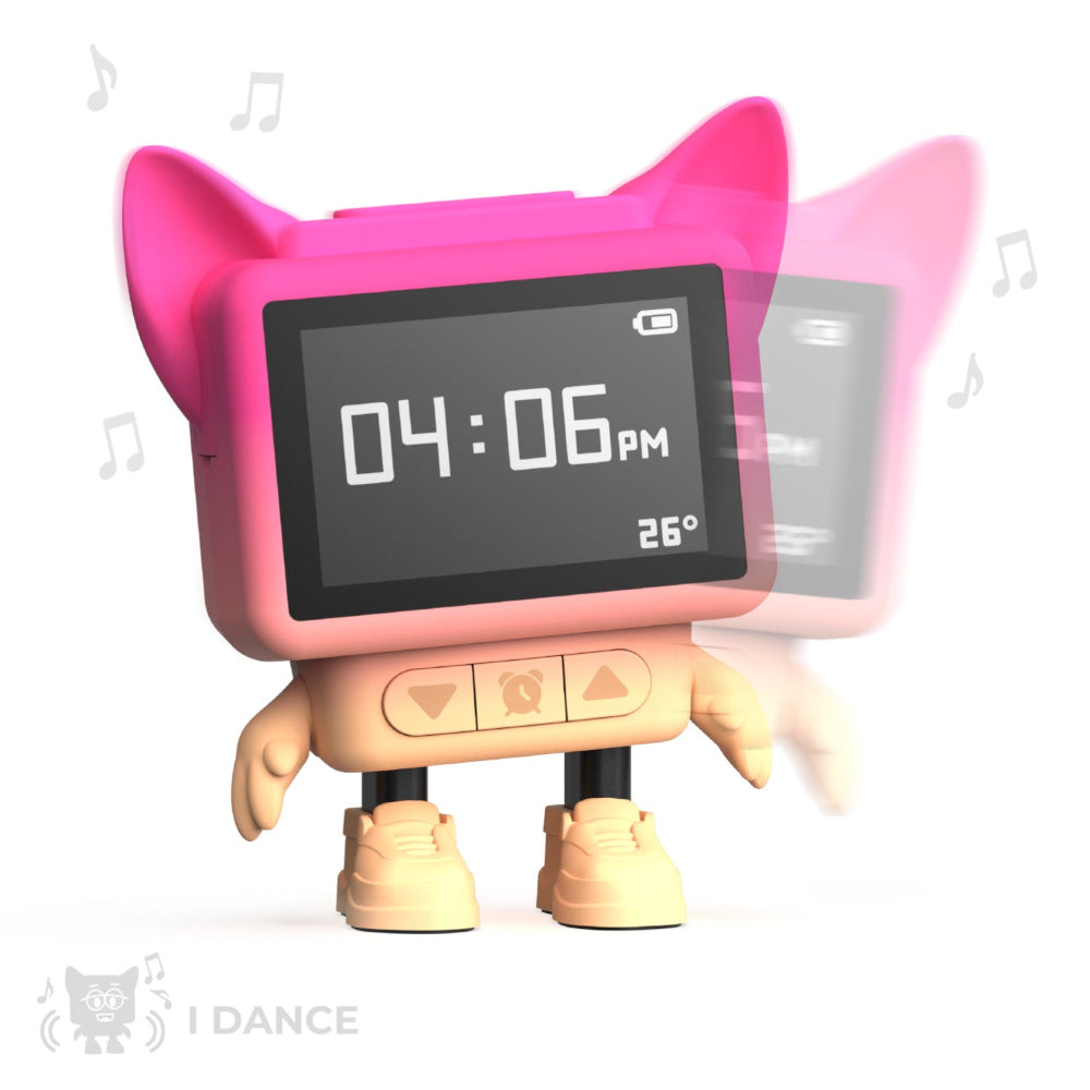 Eine digitale Uhr mit Katzenohren und Stiefeln zeigt 04:06 PM und 26°C an, während sie sich von einer Seite zur anderen bewegt, wobei Musiknoten das Tanzen anzeigen.