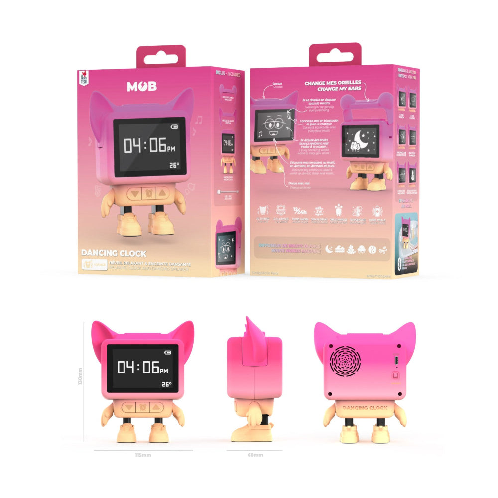 Eine rosafarbene Digitaluhr mit Katzenohren, -armen und -beinen wird aus verschiedenen Blickwinkeln neben ihrer Verpackung gezeigt, die Produktmerkmale und Illustrationen enthält.