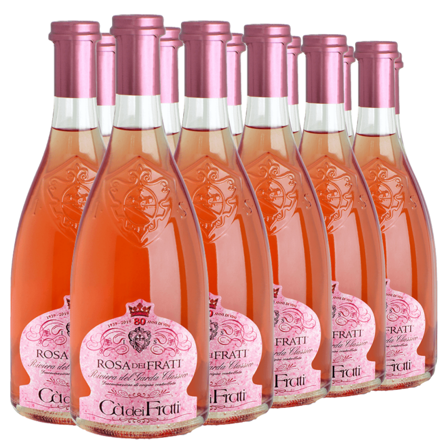 Sieben rosafarbene Flaschen des Roséweins Cà dei Frati Rosa dei Frati in Reihen angeordnet.