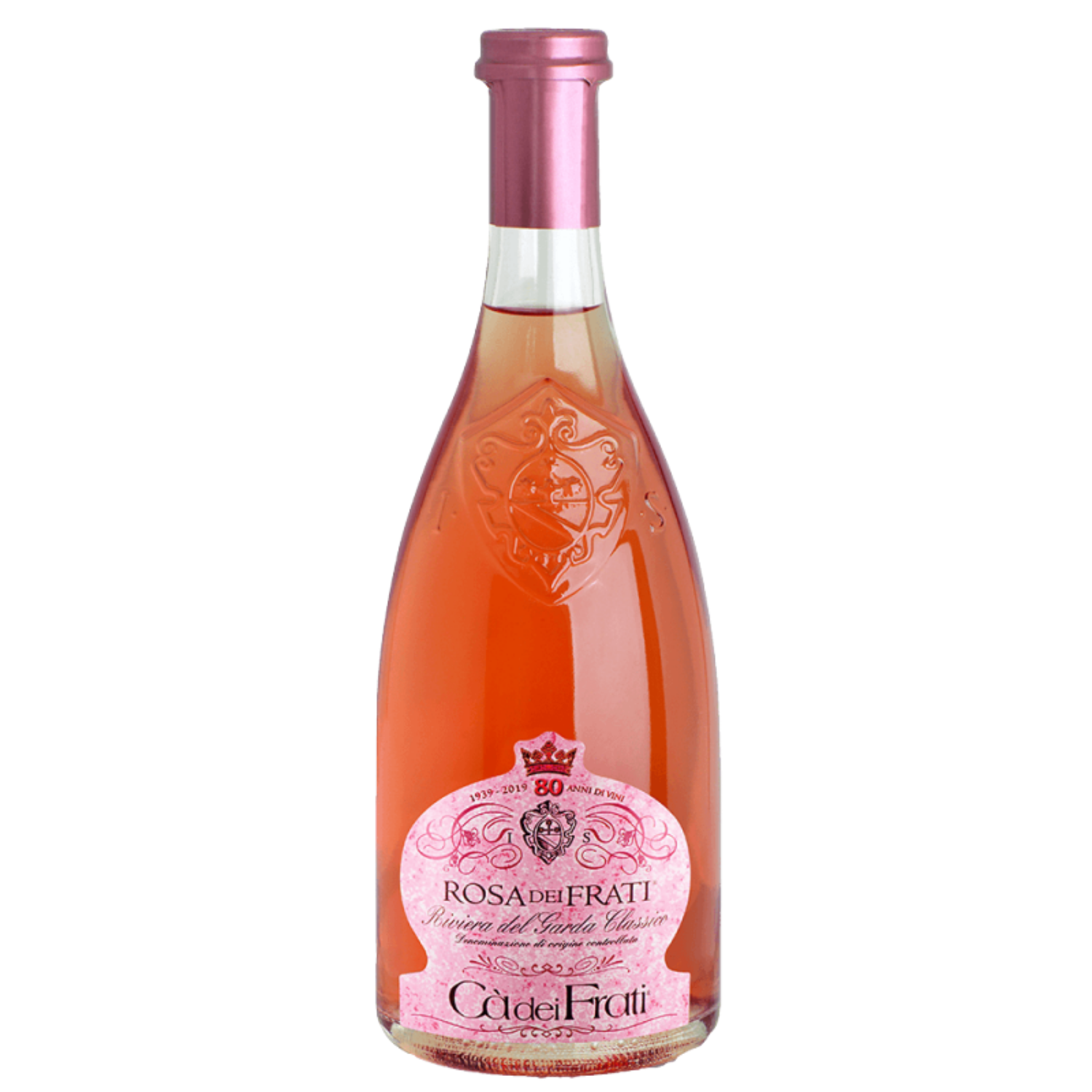 Eine Flasche Cà dei Frati Rosa dei Frati Roséwein mit rosa Etikett und geprägtem Glasdesign.