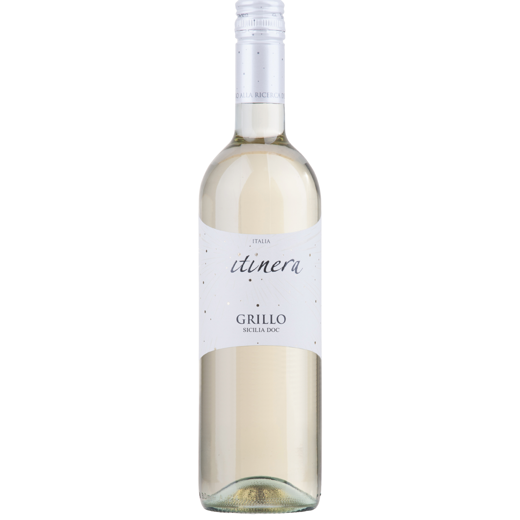 Eine klare Glasflasche mit dem Weißwein „Itinera Grillo Sicilia DOC“ mit weißem Etikett und silbernem Schraubverschluss, abgebildet vor weißem Hintergrund.