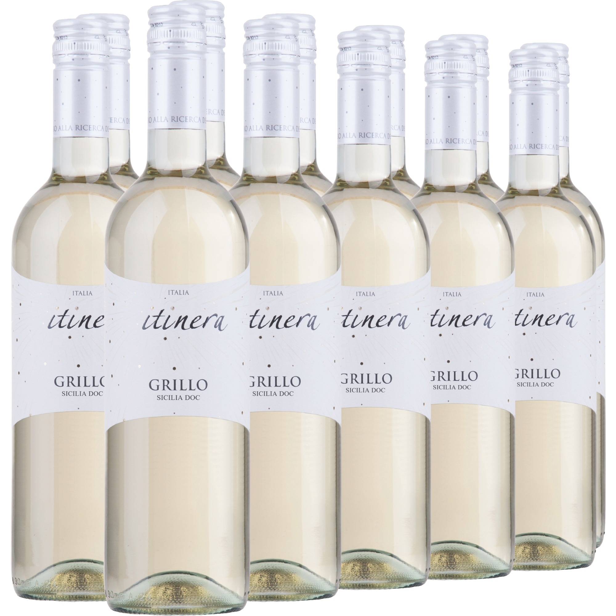 Sechs Flaschen Itinera Grillo Sicilia DOC Weißwein sind in zwei Reihen vor einem weißen Hintergrund angeordnet.