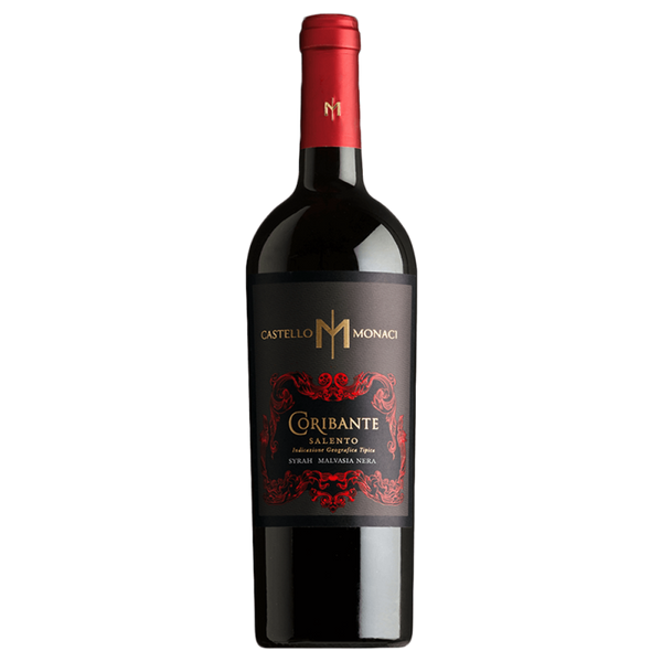 Eine Flasche Castello Monaci Coribante Salento Rotwein mit einem schwarz-roten Etikett auf weißem Hintergrund.