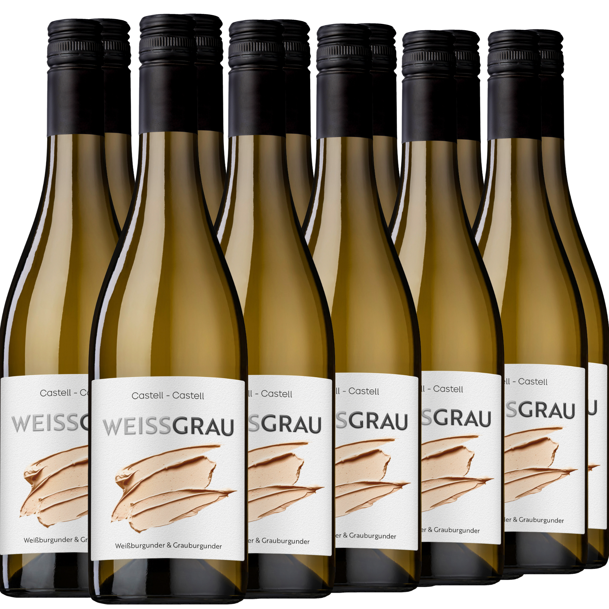 Zwölf Flaschen Weissgrau-Wein mit Schraubverschluss sind in zwei Reihen angeordnet. Die Etiketten tragen den Markennamen und ein abstraktes beigefarbenes Muster.