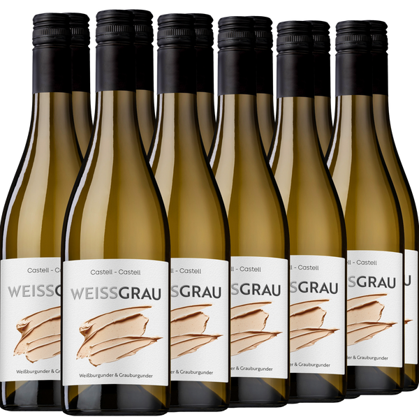 Zwölf Flaschen Weissgrau-Wein mit Schraubverschluss sind in zwei Reihen angeordnet. Die Etiketten tragen den Markennamen und ein abstraktes beigefarbenes Muster.