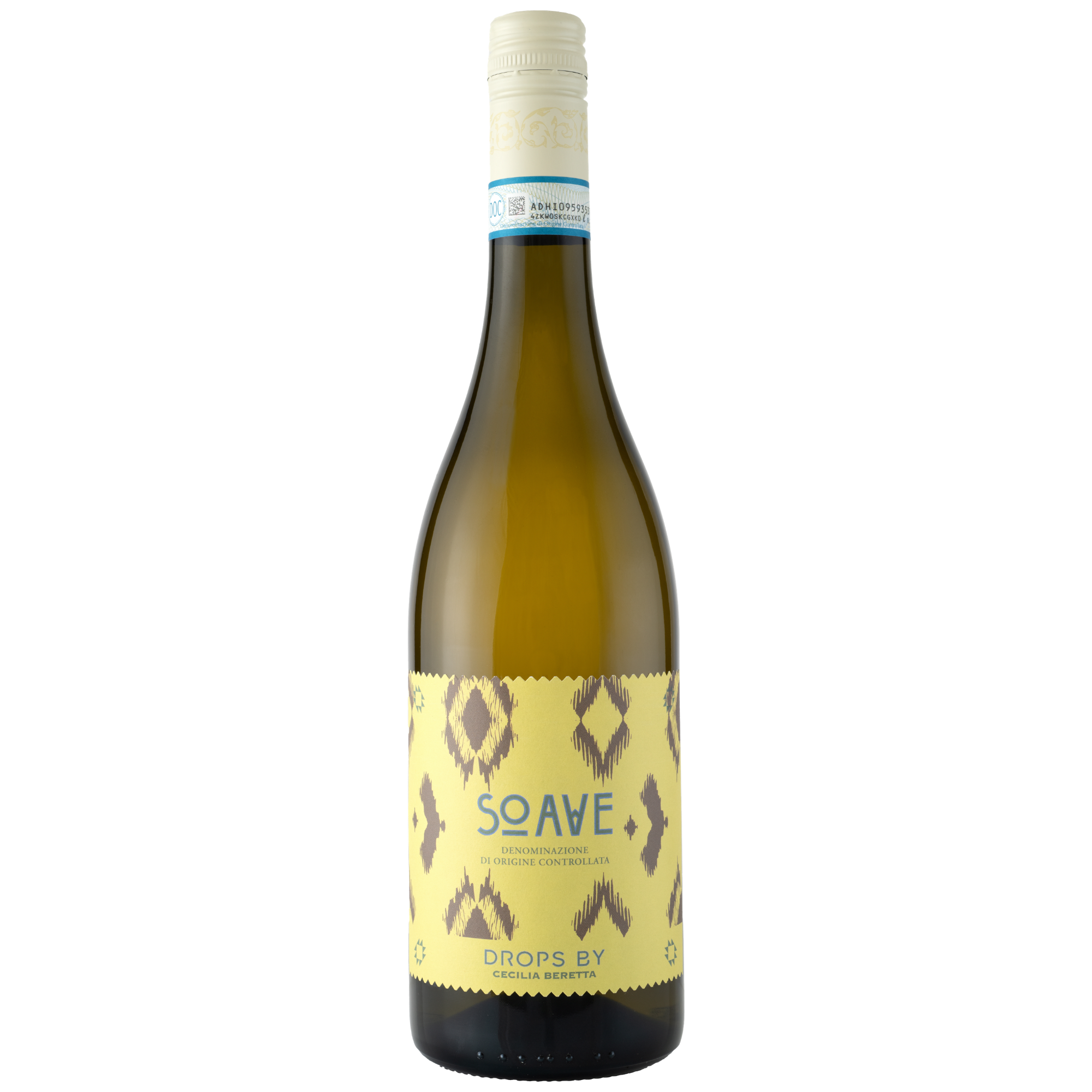 Eine Flasche Soave-Weißwein mit einem gelben gemusterten Etikett und einem hellen Schraubverschluss steht aufrecht vor einem weißen Hintergrund.