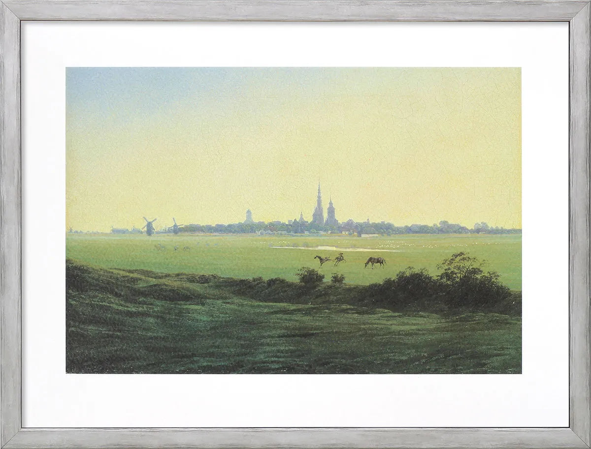 Caspar David Friedrichs „Wiesen bei Greifswald“ (1822) zeigt eine Landschaft mit einer fernen Stadt, Kirchtürmen, einer Windmühle, grünen Feldern und grasenden Pferden.