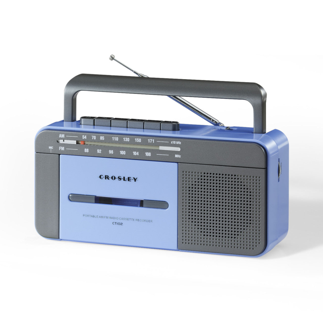 Der Crosley Kassettenspieler in Blau/Grau ist ein tragbarer Radio-Kassettenspieler mit Tragegriff, Antenne und AM/FM-Abstimmskala.