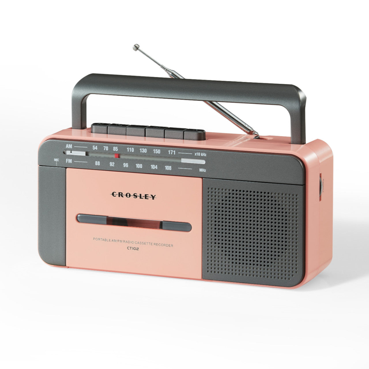 Crosley Kassettenspieler - Rose/Grau mit Antenne und Tragegriff, tragbares Radio-Kassettenabspielgerät vor weißem Hintergrund.
