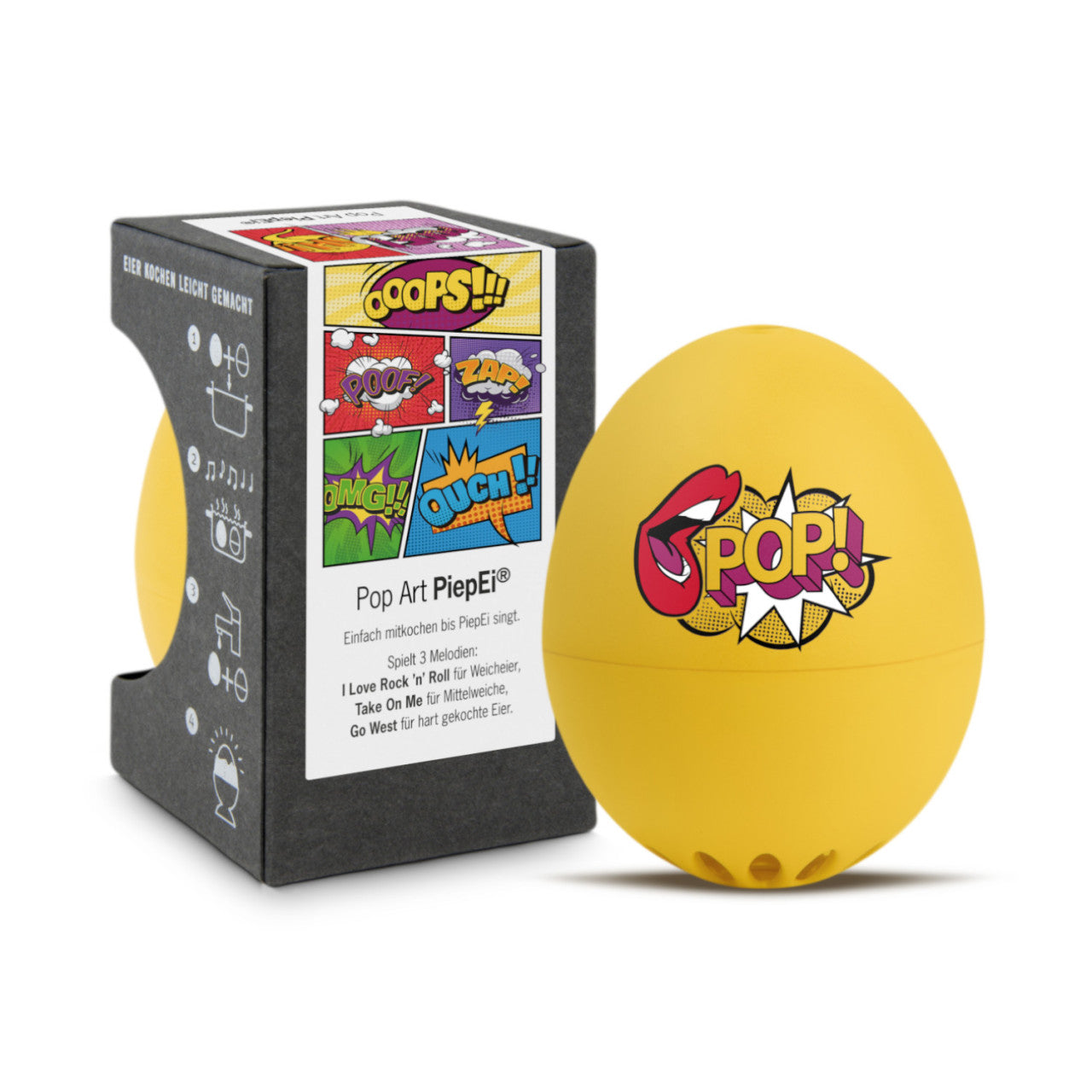 PiepEi – Pop Art: Ein gelber Timer in Eiform mit POP!-Grafik liegt neben einer bunten Box im Comic-Stil und einer klaren Anleitung.