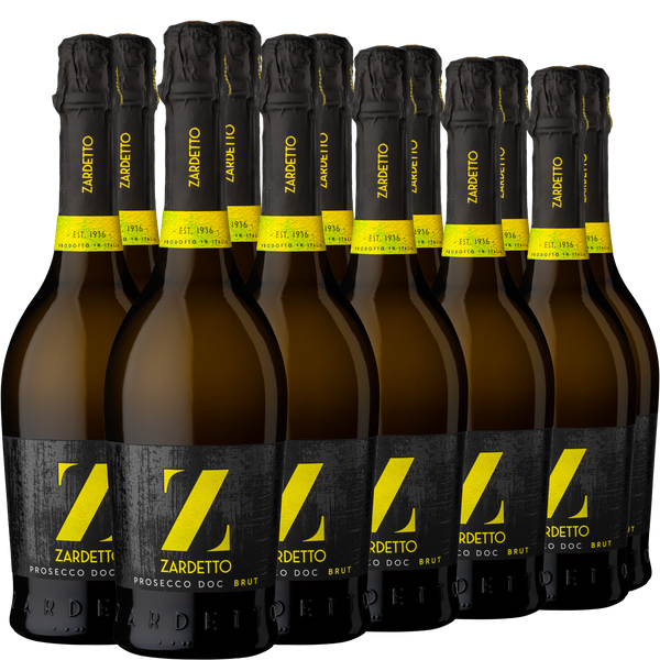 Zwölf Flaschen Zardetto Prosecco DOC Brut mit schwarzem und gelbem Etikett sind in Reihen vor einem schlichten Hintergrund angeordnet.