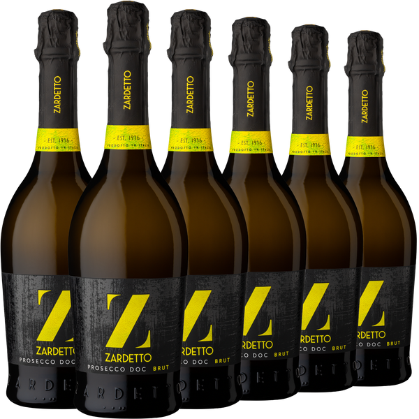 Sechs Flaschen Zardetto Prosecco DOC Brut sind in zwei Reihen angeordnet, alle mit schwarzen Etiketten mit einem großen gelben Z und gelben Verschlüssen versehen.