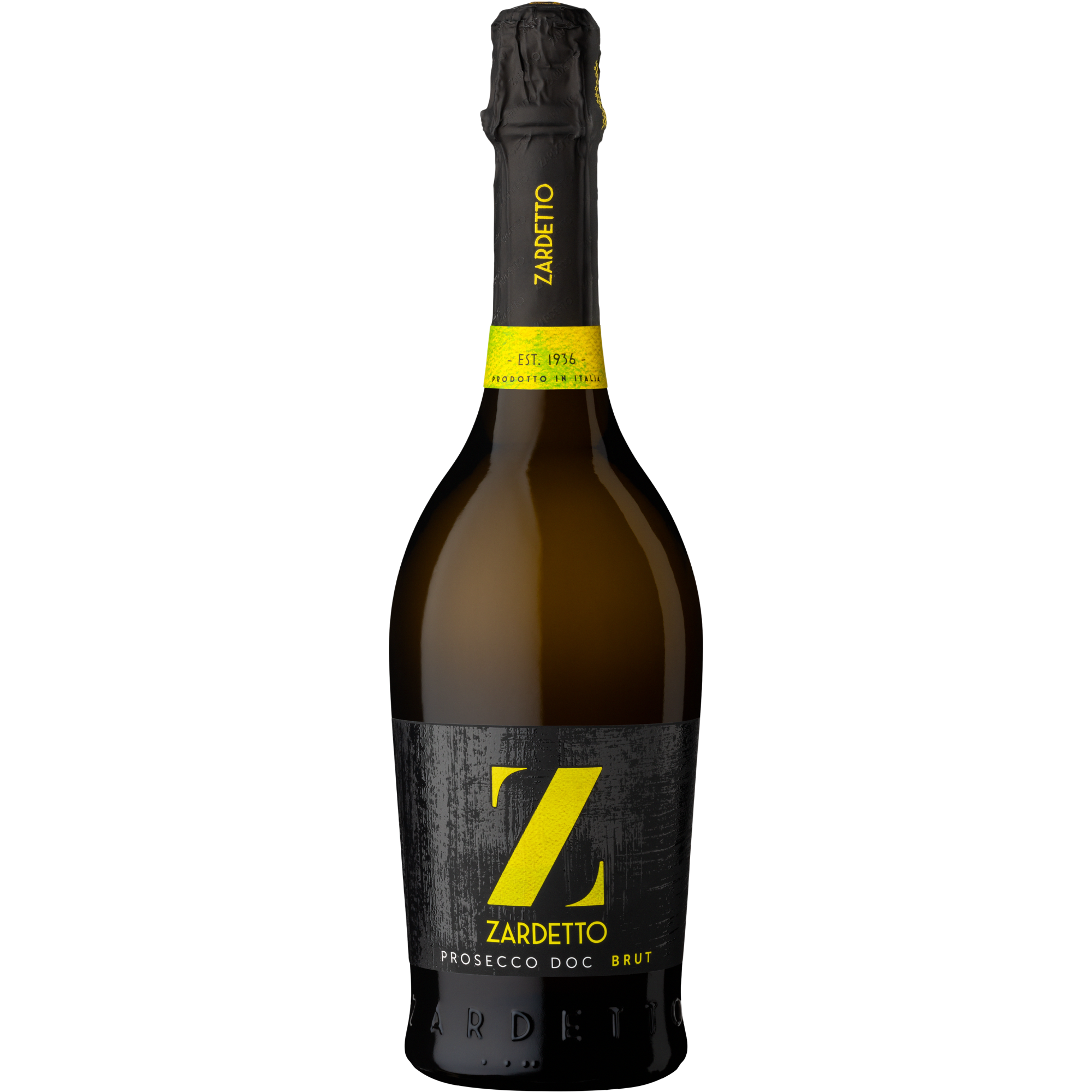 Eine Flasche Zardetto Prosecco DOC Brut mit einem schwarzen Etikett mit einem großen gelben Z und einem gelben Halsband auf weißem Grund.