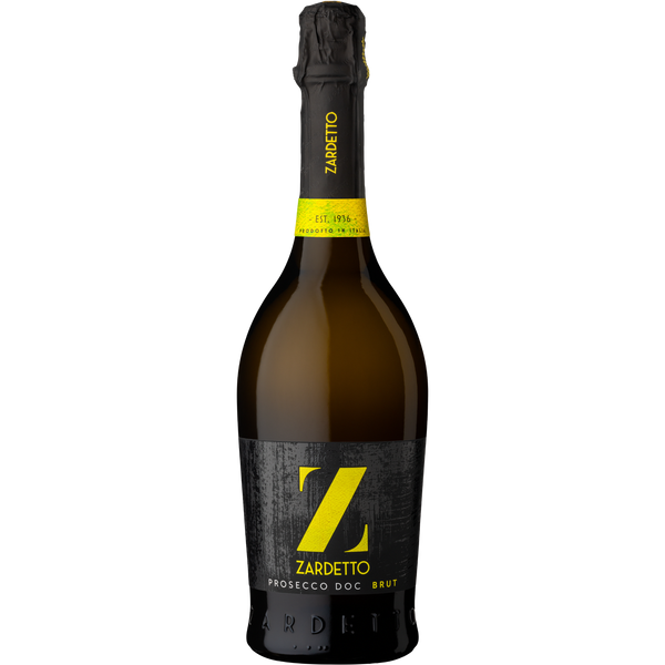 Eine Flasche Zardetto Prosecco DOC Brut mit einem schwarzen Etikett mit einem großen gelben Z und einem gelben Halsband auf weißem Grund.
