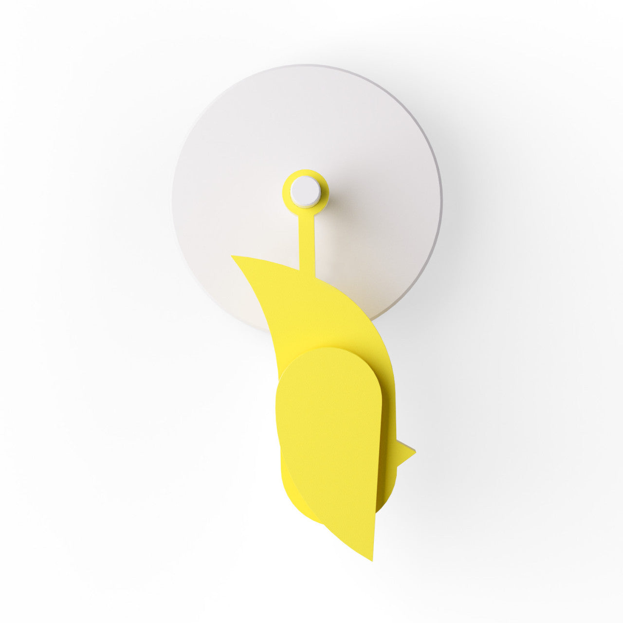 Der Frischluftmonitor Birdie 2.0 mit CO2-Sensor ist eine minimalistische Wandleuchte mit einem weißen runden Sockel und einer abstrakten gelben vogelähnlichen Form, die darunter hängt.