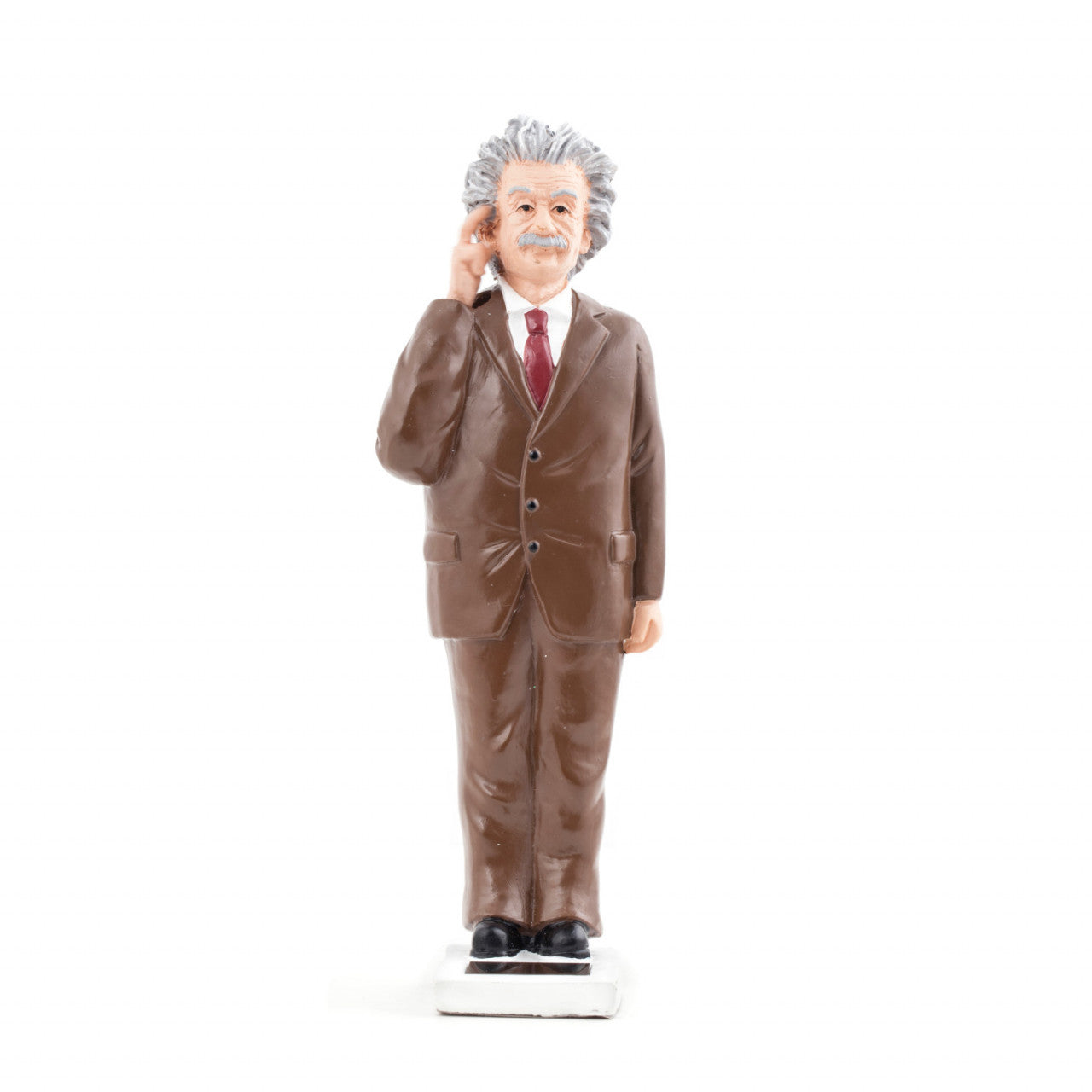 Dekofigur Einstein mit Solarantrieb: Figur eines älteren Mannes mit grauem Haar in einem braunen Anzug, roter Krawatte und schwarzen Schuhen, stehend und lächelnd.