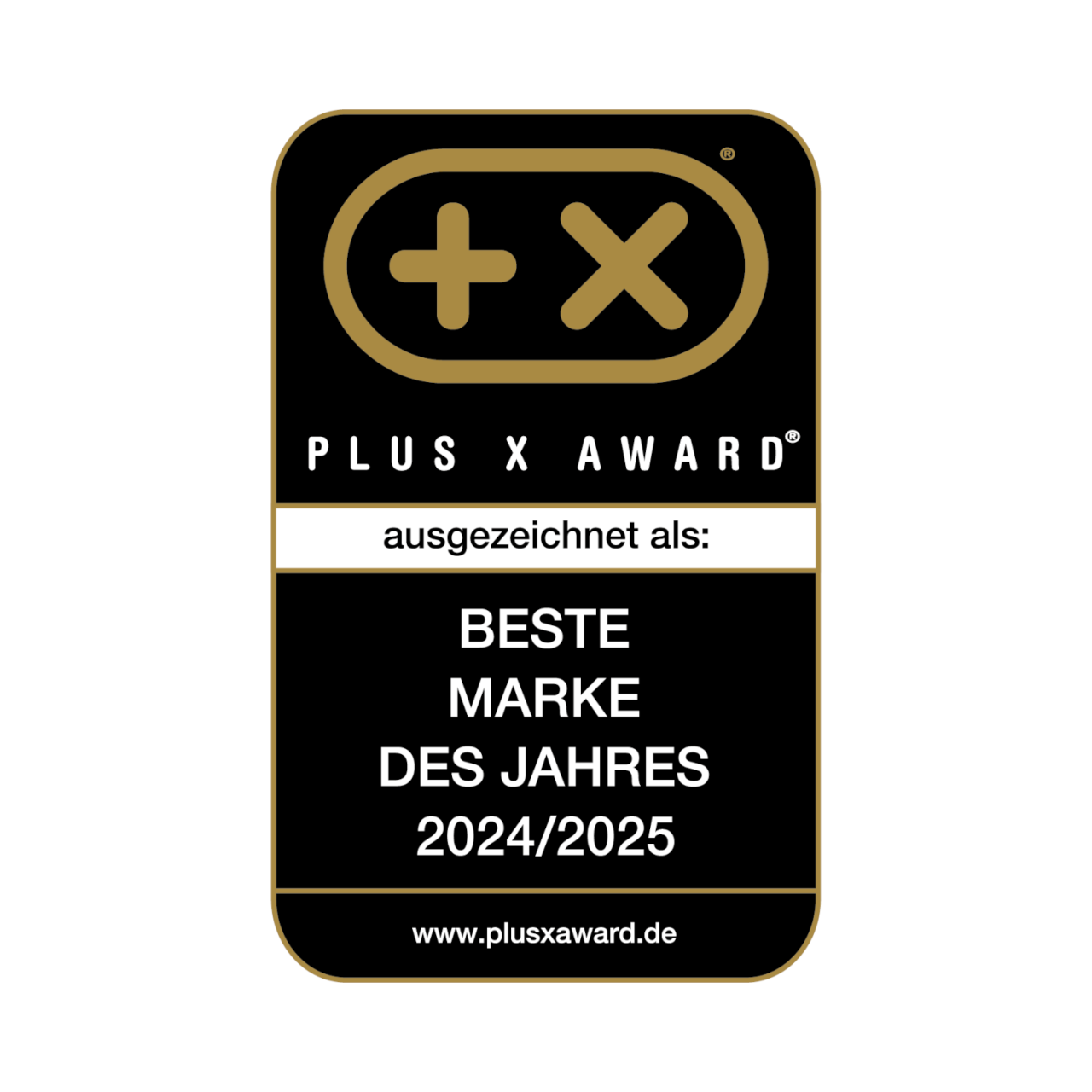 Plus X-Award-Plakette für die Beste Marke des Jahres 2024/2025 in Schwarz und Gold für das Wein-Genießer-Set Rebe.