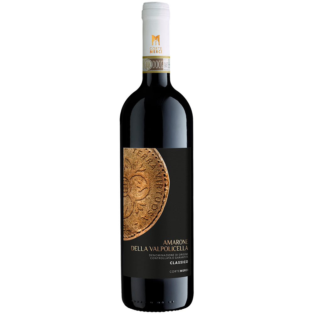 Eine Flasche Rotwein Amarone della Valpolicella Classico mit schwarzem Etikett und goldenem Münzmotiv.