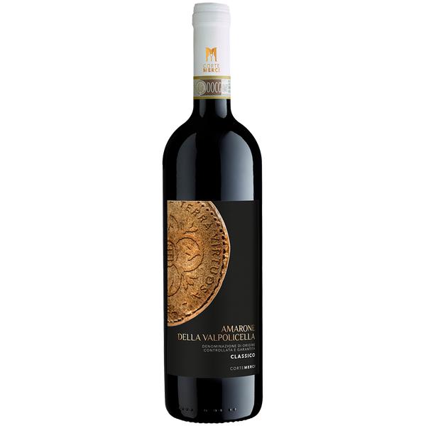 Eine Flasche Rotwein Amarone della Valpolicella Classico mit schwarzem Etikett und goldenem Münzmotiv.